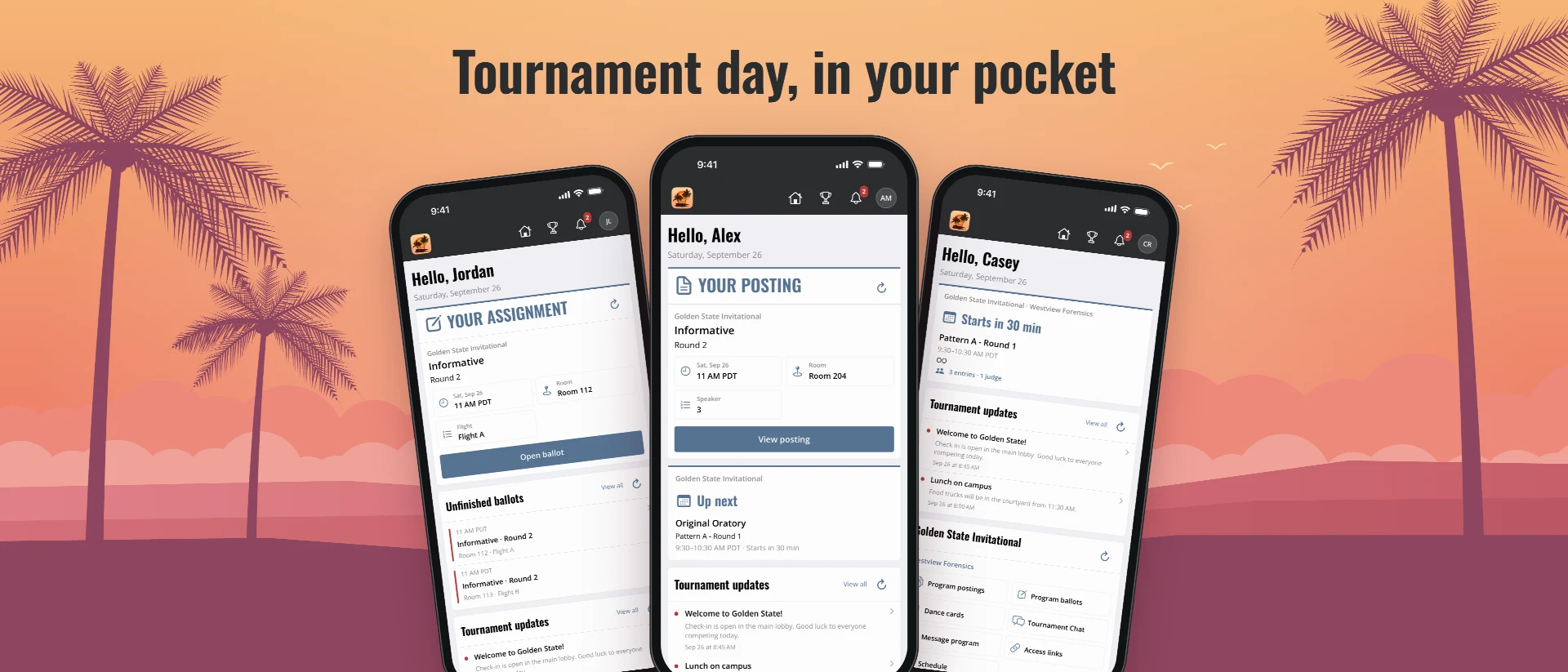 FTN app screens showing a judge assignment, a competitor posting, and a coach's program on iPhone.
